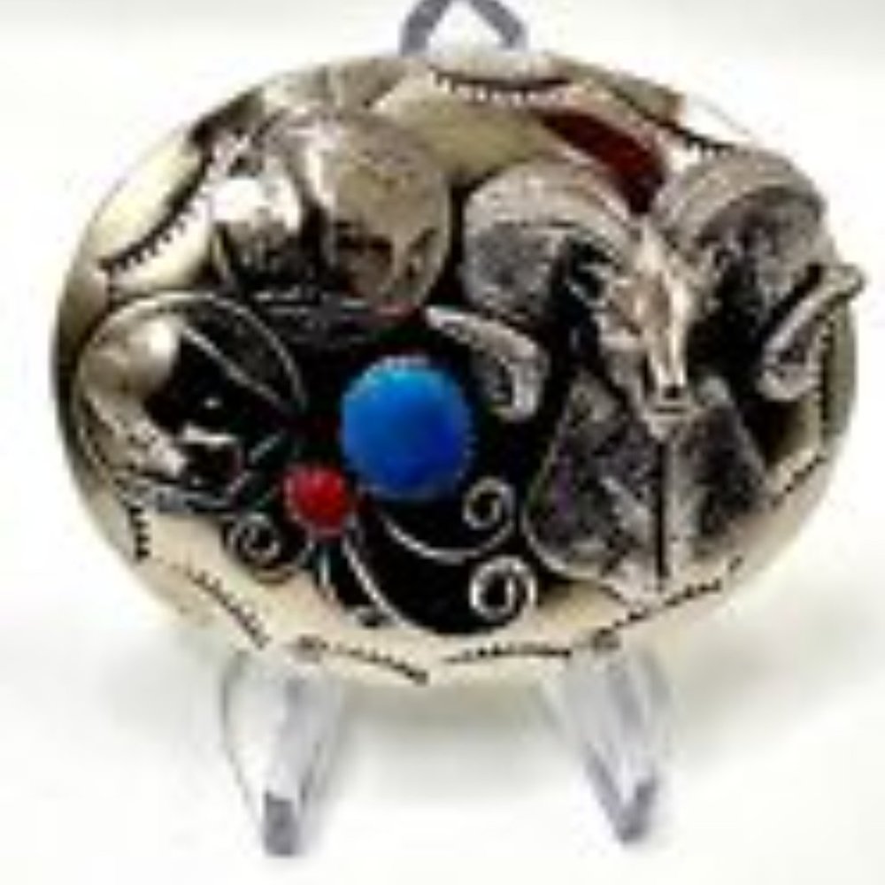 Vintage Handmade Navajo Belt Buckle Buffalo Nick Silver Turquoise Ram Men Women